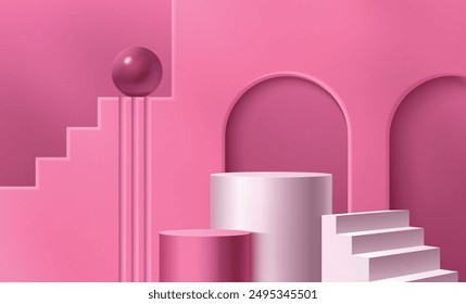 3D stairs and cylinder podiums on pink background. Vector realistic illustration of round platforms, ball, staircase and arch wall for product presentation, showroom with abstract geometric pedestals