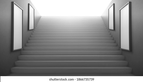 3d stairs going to light and empty white LCD screens for advertising on walls. Exit from underground or subway, staircase construction, ladder building architecture, Realistic vector illustration