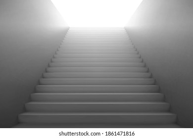 3d Stairs Going To Light, White Staircase With Blank Side Walls. Way To Business Success, Career Ladder, Architecture Construction For Building Interior Or Exterior. Realistic Vector Illustration