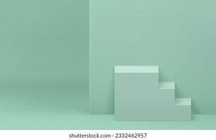 3d stairs green pedestal geometric basic foundation progress achievement platform realistic vector illustration. Staircase construction showcase display for product premium presentation side view