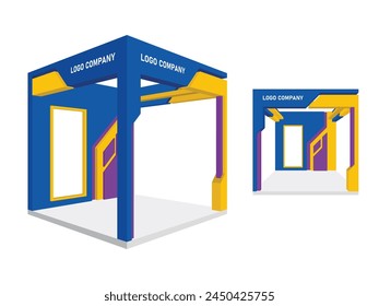 3d stand booth 3x3 m digital futuristic style decoration with blank space logo company and LED TV screen for event exhibition. Vector editable isolated.