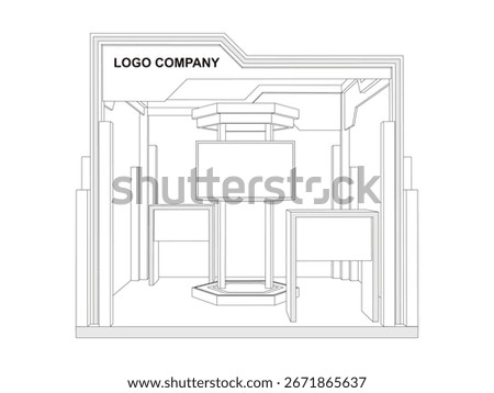 3d stand booth 3x3 m island view digital futuristic decor design syle with blank space logo company for preview event exhibition. Vector editable sketch outline drawing coloring.
