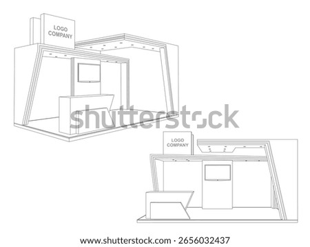 3d stand booth 6x3m digital futuristic decor design syle with blank space logo company and TV screen for preview event exhibition. Vector editable sketch outline drawing coloring.