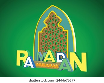 3d stand booth arabic islamic moslem cutting ornament windows decoration with text RAMADAN MUBARAK font big logo company for event exhibition. vector editable isolated.