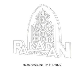 3d stand booth arabic islamic moslem cutting ornament windows decoration with text RAMADAN MUBARAK font big logo company for event exhibition. vector editable sketch outline drawing coloring isolated.