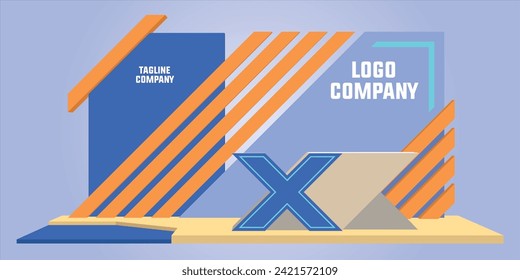 3d stand booth backdrop art installation futuristic modern geometric colorful decoration with table receptionist blank space logo company lighted for event exhibition. Vector editable isolated.