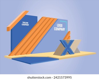3d stand booth backdrop art installation futuristic modern geometric colorful decoration with table receptionist blank space logo company lighted for event exhibition. Vector editable isolated.