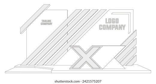 3d stand booth backdrop art installation modern geometric decoration with table receptionist blank space logo company for event exhibition. Vector editable sketch outline drawing coloring isolated.