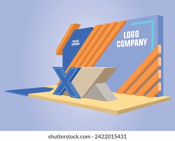 3d stand booth backdrop art installation futuristic modern geometric colorful decoration with table receptionist blank space logo company lighted for event exhibition. Vector editable isolated.