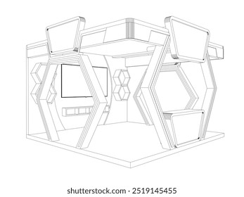 Recepcionista de registro de mesa de decoração futurista digital de fundo de estande 3d com empresa de logotipo espaço em branco para exposição de eventos. Desenho de contorno de traçado de esboço isolado editável por vetor.