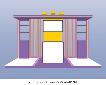 3d stand booth backdrop digital futuristic table registration receptionist with blank space LED TV screen logo company for event exhibition. Vector editable isolated sketch tracing outline drawing.