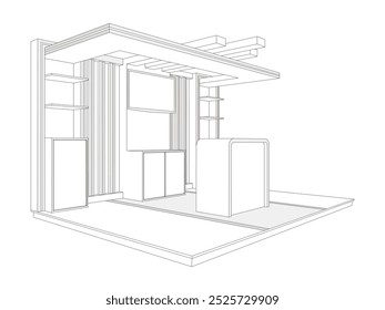 3d stand booth backdrop digital futuristic table registration receptionist with blank space LED TV screen logo company for event exhibition. Vector editable isolated sketch tracing outline drawing.