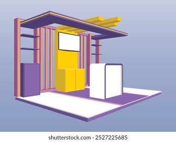 3d stand booth backdrop digital futuristic table registration receptionist with blank space LED TV screen logo company for event exhibition. Vector editable isolated sketch tracing outline drawing.