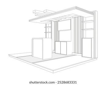 Recepcionista futurista digital del registro de la tabla del telón de fondo de la cabina del soporte 3d con la compañía en blanco del logotipo de la pantalla de la TV del espacio led para la exposición del acontecimiento. Vector editable dibujo de esquema de trazado de boceto aislado.