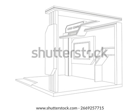 3d stand booth backdrop LED SCREEN digital futuristic decor design syle with blank space logo company for preview event exhibition. Vector editable sketch outline drawing coloring.