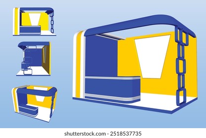 3d stand booth backdrop table registration receptionist with blank space logo company for event exhibition. Vector editable isolated.