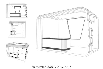 Recepcionista de registro de mesa de fundo do estande 3d com empresa de logotipo espaço em branco para exposição de eventos. Vetor editável isolado.