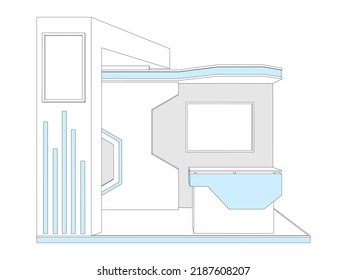 3d stand booth digital futuristic decoration with stage and blank space LED TV screen  logo company table information for event exhibition. Vector editable isolated sketch outline drawing coloring.