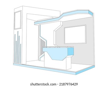 3d stand booth digital futuristic decoration with stage and blank space LED TV screen  logo company table information for event exhibition. Vector editable isolated sketch outline drawing coloring.