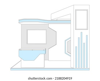 3d stand booth digital futuristic decoration with stage and blank space LED TV screen  logo company table information for event exhibition. Vector editable isolated sketch outline drawing coloring.