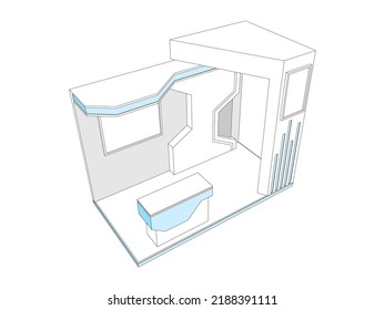 3d stand booth digital futuristic decoration with stage and blank space LED TV screen  logo company table information for event exhibition. Vector editable isolated sketch outline drawing coloring.