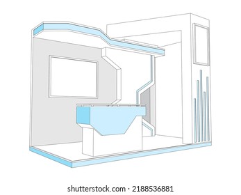 3d stand booth digital futuristic decoration with stage and blank space LED TV screen  logo company table information for event exhibition. Vector editable isolated sketch outline drawing coloring.