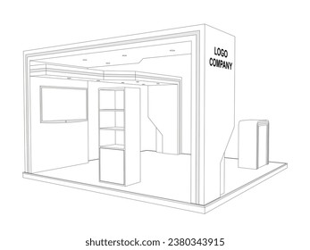 3d stand booth digital technology colorful style decoration with blank space logo company for event exhibition. Vector editable isolated sketch outline drawing coloring.