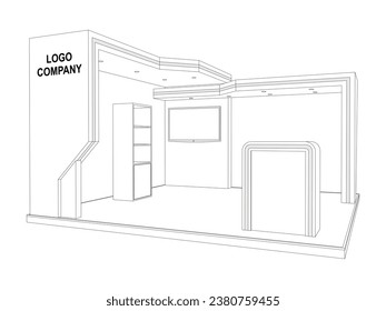 3d stand booth digital technology colorful style decoration with blank space logo company for event exhibition. Vector editable isolated sketch outline drawing coloring.