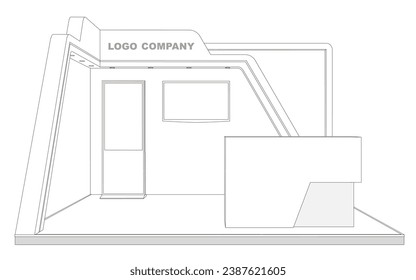 3d stand booth digital technology colorful style decoration with blank space logo company for event exhibition. Vector editable isolated sketch outline drawing coloring.