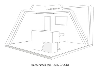 3d stand booth digital technology colorful style decoration with blank space logo company for event exhibition. Vector editable isolated sketch outline drawing coloring.