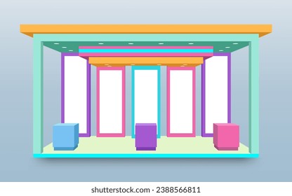 3d stand booth digital technology colorful style decoration with blank frame space logo company for event exhibition. Vector editable isolated.