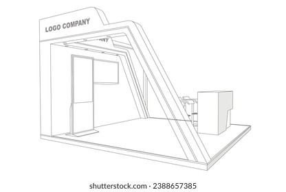 3d stand booth digital technology colorful style decoration with blank space logo company for event exhibition. Vector editable isolated sketch outline drawing coloring.