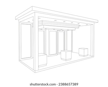 3d stand booth digital technology colorful style decoration with blank frame space logo company for event exhibition. Vector editable isolated sketch outline drawing coloring.