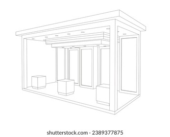 3d stand booth digital technology colorful style decoration with blank frame space logo company for event exhibition. Vector editable isolated sketch outline drawing coloring.