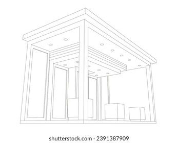 3d stand booth digital technology colorful style decoration with blank frame space logo company for event exhibition. Vector editable isolated sketch outline drawing coloring.