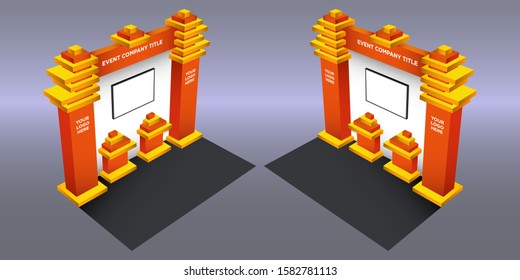 3d stand booth information with LED TV screen and blank space logo company for event exhibition. Vector editable drawing coloring isolated.
