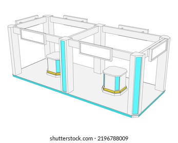 3d stand booth island digital technology decoration construction with blank space logo company and table display for event exhibition. Vector editable isolated sketch outline drawing coloring.