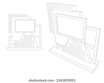 3d stand booth LED TV Screen digital futuristic decoration with blank space logo company for event exhibition information product wall display. Vector editable isolated sketch outline drawing coloring