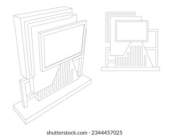 3d stand booth LED TV Screen digital futuristic decoration with blank space logo company for event exhibition information product wall display. Vector editable isolated sketch outline drawing coloring