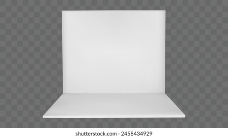 3d stand booth mockup. White empty wall room for trade event or show mock up design. Blank exhibition floor render template. Exhibit showroom or expo square kiosk layout with small promotion area