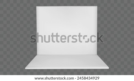 3d stand booth mockup. White empty wall room for trade event or show mock up design. Blank exhibition floor render template. Exhibit showroom or expo square kiosk layout with small promotion area