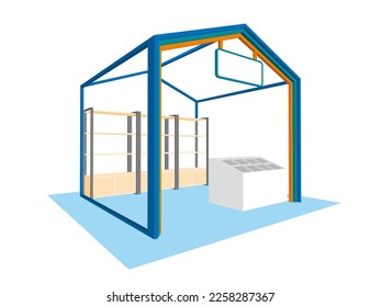 3d stand booth shape house style simple decoration with rack display product and blank empty fascia name logo company for event exhibition. Image background isolated editable.