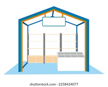 3d stand booth shape house style simple decoration with rack display product and blank empty fascia name logo company for event exhibition. Image background isolated editable.