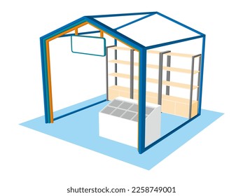 3d stand booth shape house style simple decoration with rack display product and blank empty fascia name logo company for event exhibition. Image background isolated editable.