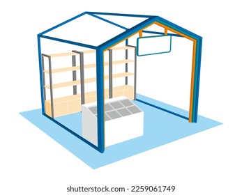 3d stand booth shape house style simple decoration with rack display product and blank empty fascia name logo company for event exhibition. Image background isolated editable.