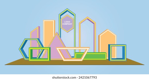 3d stand booth stage backdrop photo cutting art installation futuristic modern geometric colorful decoration with blank space logo company lighted for event exhibition. Vector editable isolated.