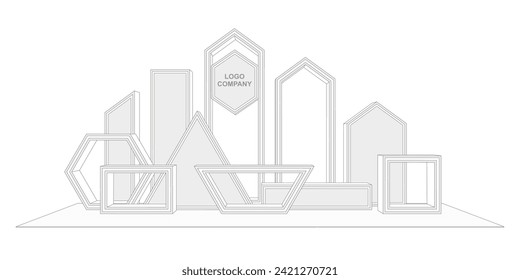 3d stand booth stage backdrop photo cutting art installation geometric decoration with blank space logo company for event exhibition. Vector sketch outline line drawing coloring editable isolated.