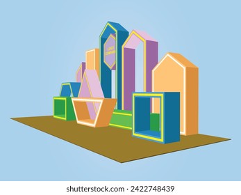 3d stand booth stage backdrop photo cutting art installation futuristic modern geometric colorful decoration with blank space logo company lighted for event exhibition. Vector editable isolated.