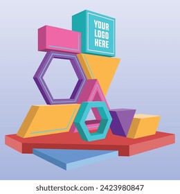 3d stand booth stage backdrop photo cutting art installation futuristic modern geometric colorful decoration with blank space logo company lighted for event exhibition. Vector editable isolated.