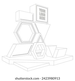 3d stand booth stage backdrop photo cutting art installation geometric decoration with blank space logo company for event exhibition. Vector sketch outline line drawing coloring editable isolated.